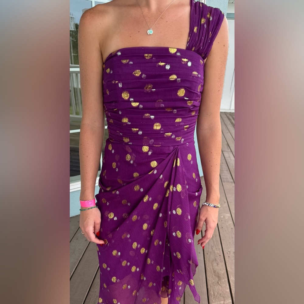 Nicole Miller purple cocktail dress w/ gold & silver polka dots! On Trend, Size2
